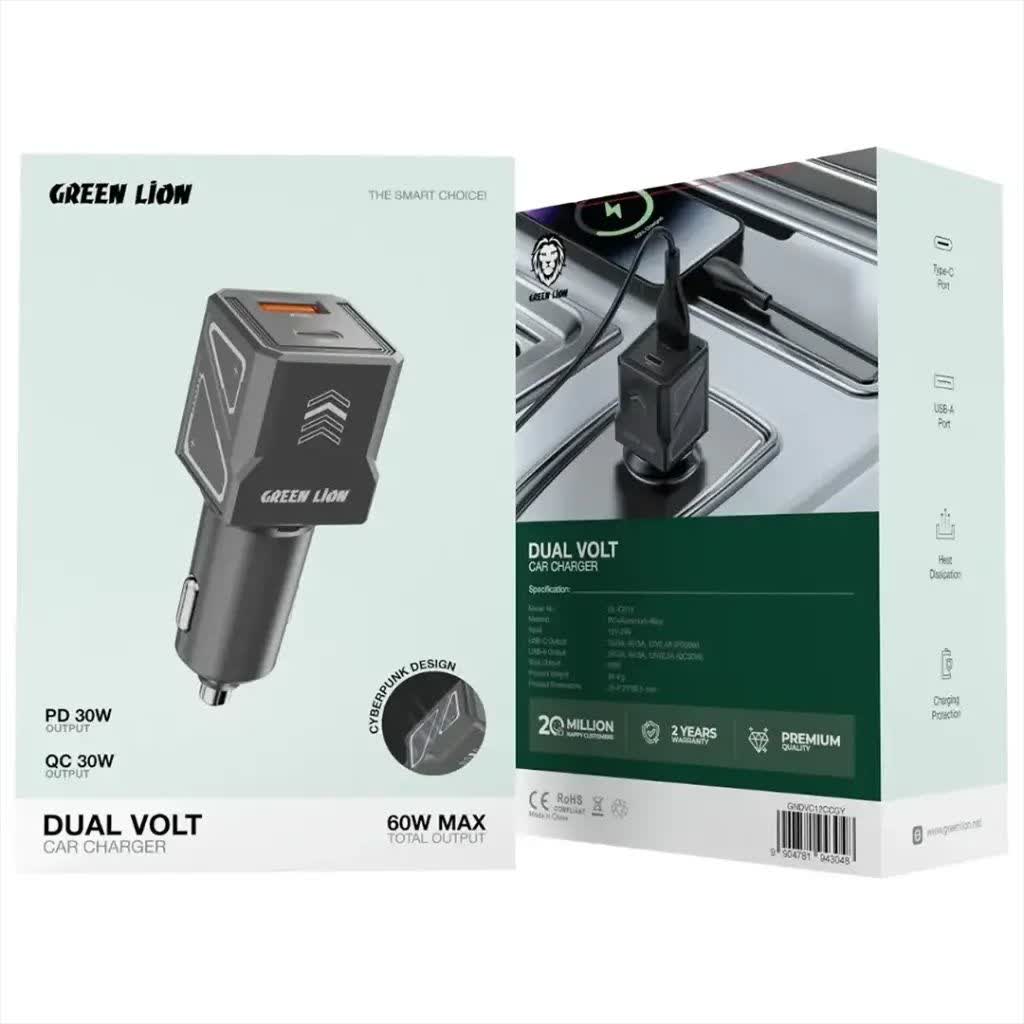 شارژر فندکی 60 وات 2 پورت يک پورت PD گرين لاين مدل Green lion Dual Volt car charger GL- cc12