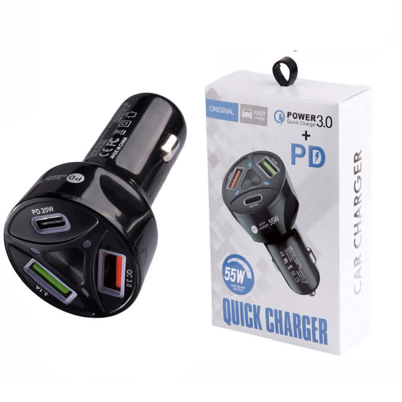 شارژر فندکی ۳ پورت ۵۵ وات شارژ معمولی با دو خروجی USB و یک خروجی PD